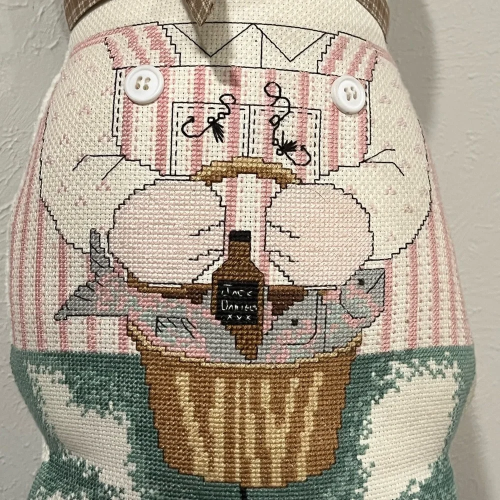 Handcrafted Cat Plush with Pink and Green Accents, needlepoint